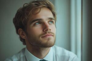 Thoughtful young man gazing out window during quiet moment of reflection and contemplation photo
