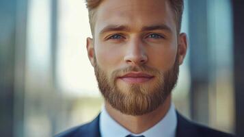 Young man with beard in formal attire standing in urban setting during bright day photo