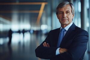 Business executive poses confidently in modern office setting with blurred background photo
