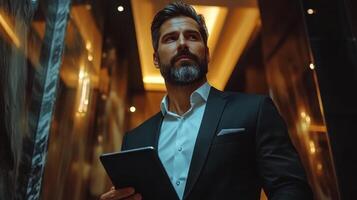 Businessman in formal attire holding a tablet while standing in an elegant elevator lobby photo
