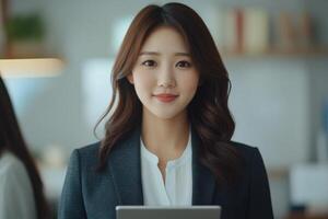 Professional woman in smart attire smiling at camera while holding a tablet in a modern workspace photo