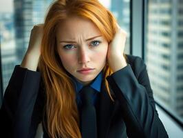 Businesswoman expressing frustration in an office high-rise with a city view photo