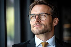 Businessman reflecting thoughtfully while looking out a window in a modern office setting photo