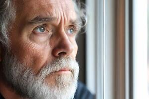 Man with gray beard gazes thoughtfully out of a window during daylight hours photo