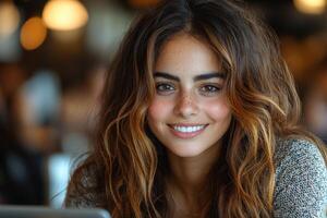 Young woman smiles brightly at a cafe with blurred background lights in a cozy setting photo