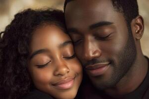 Father and daughter share a joyful moment with smiles and closeness in a warm setting photo