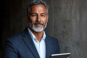 Businessman stands confidently in modern office while holding tablet and smiling at the camera photo