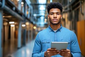 Young man using a tablet in a modern corridor at a university campus during daytime photo