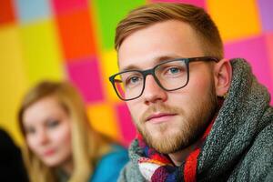 Young man with glasses and a beard participates in discussion in a colorful setting photo