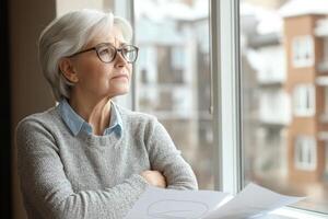 Mature woman reflecting on life while holding documents by a window in a cozy setting photo