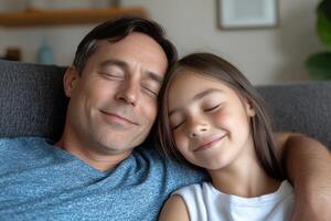 Father and daughter share a joyful moment while relaxing on the couch at home photo