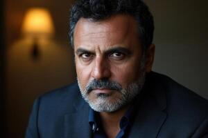 Intense portrait of a man in a dark suit with a serious expression indoors photo