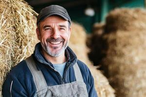 Smiling farmer poses confidently in barn surrounded by hay bales during bright daytime photo