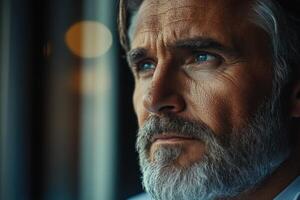 Middle-aged man with beard contemplating life while gazing out a window in soft natural light photo