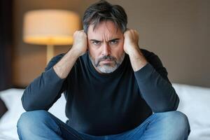 Man sitting on bed with hands on head showing signs of stress and frustration indoors photo