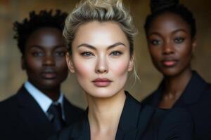 Three confident individuals in tailored suits posing for a striking portrait in an indoor setting photo