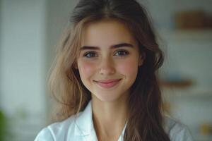 Smiling young woman in casual attire enjoying a sunny indoors moment at a cozy home setting photo