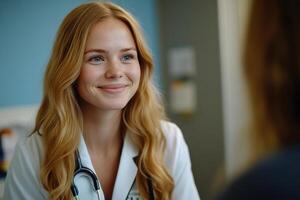 Smiling medical professional engaged in conversation with a patient in a healthcare setting photo