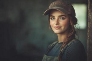 Young woman wearing a cap with a warm smile in a rustic setting during late afternoon light photo