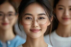 Young women smiling in a close group setting during daylight hours photo