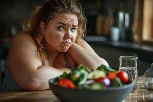 Woman expresses discontent while sitting at a table with a bowl of salad and a glass of water indoors photo