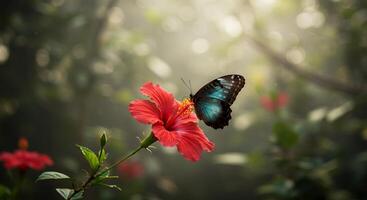 A beautiful butterfly is resting on a vibrant red hibiscus flower photo