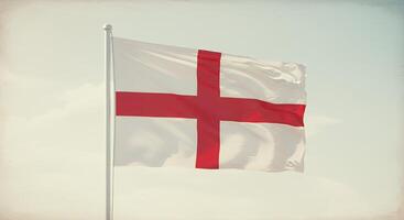 A white flag with a large red cross waving in wind photo