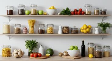 Display of various fruits vegetables and grains on wooden shelves photo