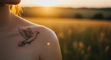 A womans shoulder displaying a dove tattoo in golden light photo
