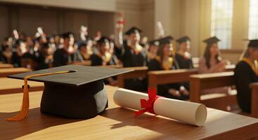 Graduation ceremony celebration with cap diploma and happy graduates photo