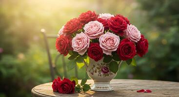 A beautiful bouquet of roses sits on a wooden table outside photo