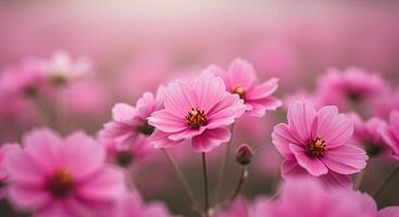 Beautiful field of pink cosmos flowers flourishing in sunlight photo