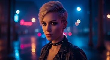 A woman stands and looks ahead in a neon cityscape photo