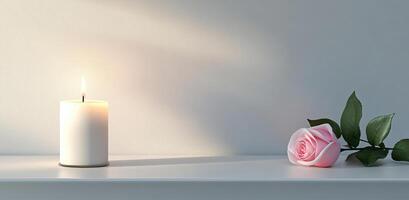 Burning white candle resting near delicate pink rose on white shelf, symbolizing tranquil memory and emotional calm photo