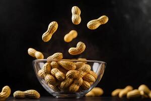Peanuts are poured into a bowl, creating a visually appealing image associated with food, nutrition and healthy snacks photo