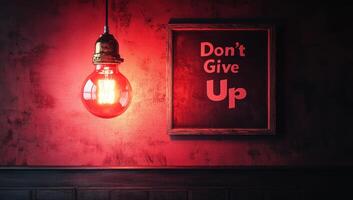 Red lightbulb illuminating a motivational poster with the phrase don't give up hanging on a grungy red wall photo