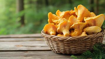 Basket overflowing with freshly picked chanterelle mushrooms, sitting on a rustic wooden table with a forest backdrop photo