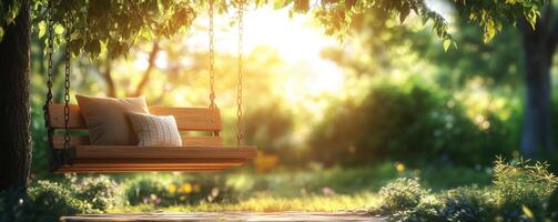 Wooden swing with white cushion dangling from tree branch, casting soft shadows in golden sunset garden setting photo