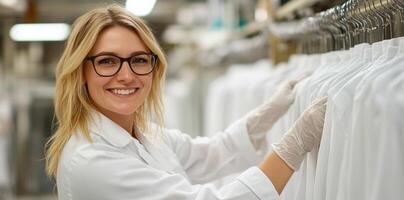 Smiling scientist wearing gloves picking up lab coat from rack in laboratory, showing professionalism and hygiene photo