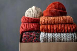 Warm knitted winter clothes and hats are folded in a cardboard box photo