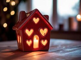 Red candle holder in the shape of a house with heart-shaped windows and a shining candle inside on the table, symbolizing love in home decor photo