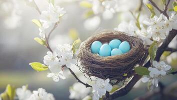 Five blue Easter eggs are lying in a bird's nest on a flowering branch of an apple tree, symbolizing new life and spring. photo