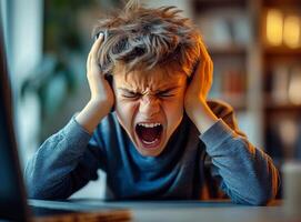 young student experiencing frustration while studying, screaming and holding his head, highlighting challenges in education and learning photo
