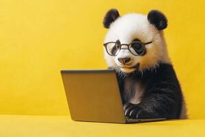 Panda with glasses is intently typing on a laptop, working on a bright yellow background photo