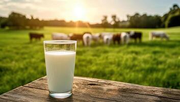 Glass of milk resting on a rustic wooden table in a field with cows grazing in the background during a vibrant sunset photo