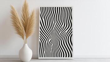 Minimalist interior design featuring abstract black and white artwork with wavy stripes, adding a touch of modern elegance to the space photo