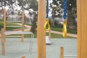 Playground swings and climbing structure in a park during daytime photo