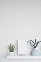 Minimalist display with plants and an empty canvas on a shelf photo
