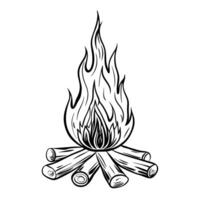 Campfire illustration burning logs creating warmth simplistic drawing, traditional bonfire sketch vector