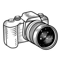 Vintage camera illustration with spiral galaxy reflection in lens, creative design vector